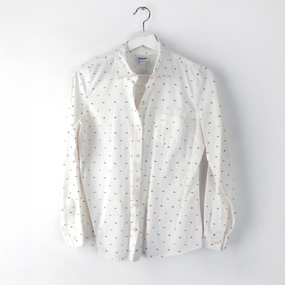 OLD NAVY Womens Shirt Long Sleeve Button Front Confetti Red Navy Blue White